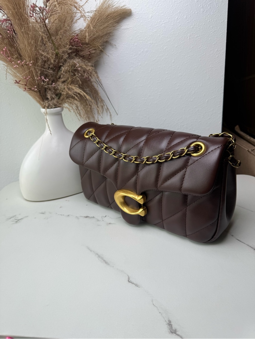 Coach Quilted Dark Brown Shoulder Bag with Gold Hardware